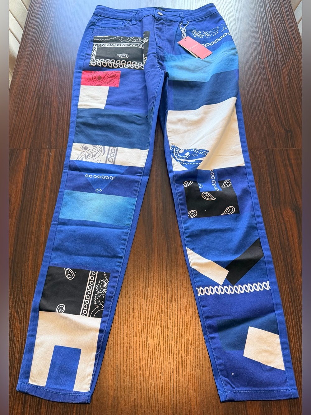 NWT Flamingo Women’s Royal Blue Bandana Patchwork Print Straight Leg Jeans XL